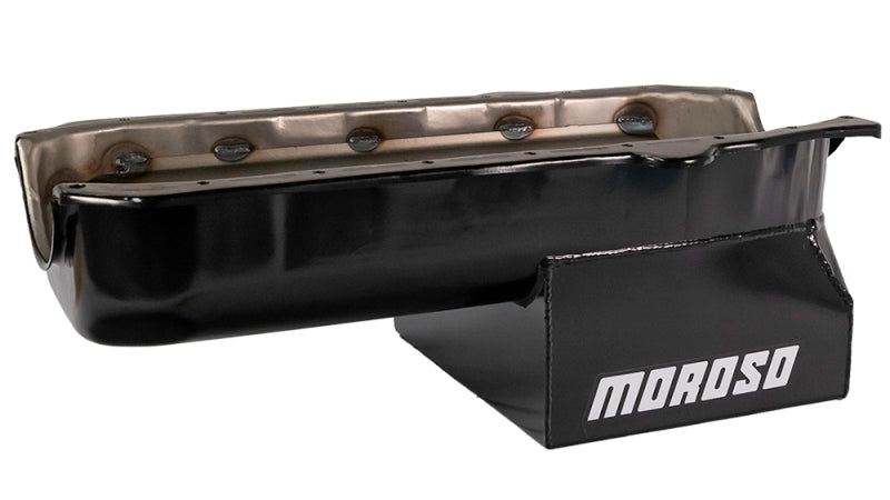 Moroso Pre-85 Chevrolet Small Block (w/Passenger Side Dipstick) Wet Sump 7qt 8in Steel Oil Pan - Blk