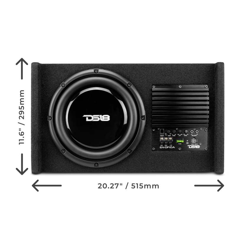 DS18 Single 10in Shallow Subwoofer & Enclosure 300 Watt RMS Downfiring Sealed Black Carpet Amplified