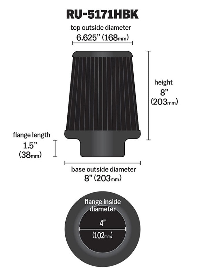 K&N Engineering K&N Universal Rubber Filter-Round Tapered 4in Flange ID x 8in Base OD x 6.625in Top OD x 8in H