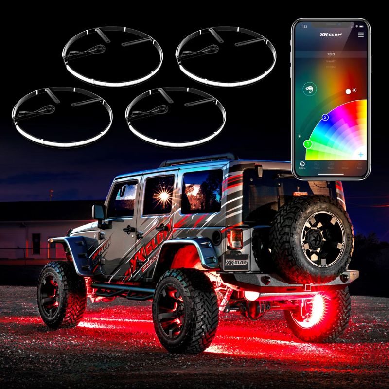 XKGLOW XK Glow Wheel Ring Light Kit w/ Dual-Mode Dash Mount Controller 4PC 15In