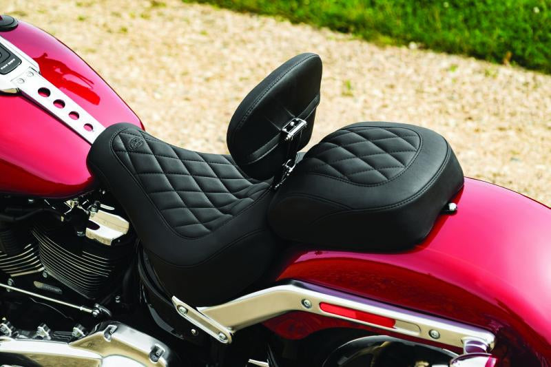 Mustang Motorcycle Mustang 18-21 Harley Fat Boy Wide Tripper Solo Seat w/Driver Backrest Diamond Stitch - Black