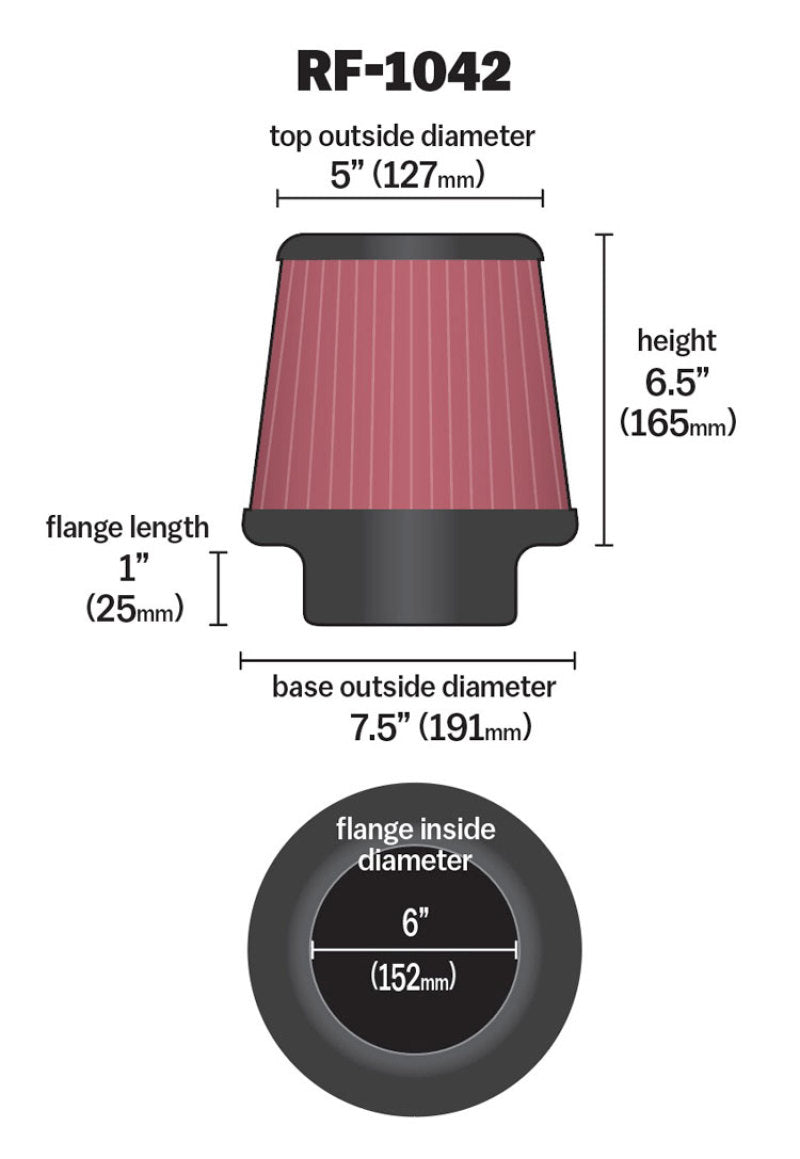 K&N Engineering K&N Round Tapered Universal Air Filter 6in Flange ID x 7.5in Base OD x 5in Top OD x 6.5in Height