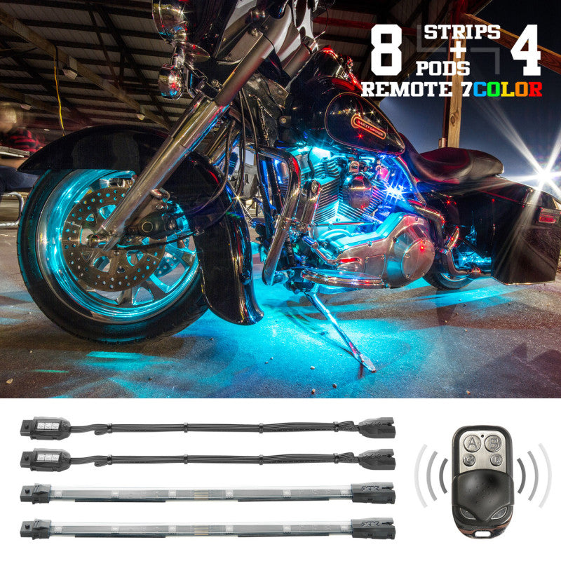XKGLOW XK Glow Flex Strips 7 Color LED Accent Light Motorcycle/ATV Kit (8xCompact Pods + 4x10In)
