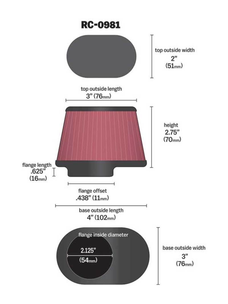 K&N Engineering K&N Uni Chrome Oval Tapered Filter 2.125in FlgID x 4inB OL x 3inB OW x 3inT OL x 2inT OW x 2.75in H