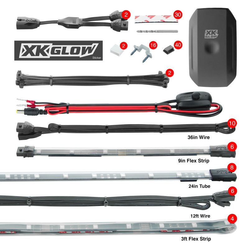 XKGLOW XK Glow Strip Million Color XKCHROME App Undercar Kit (8x24In Tube + 6x10In Strip + 4x36In)