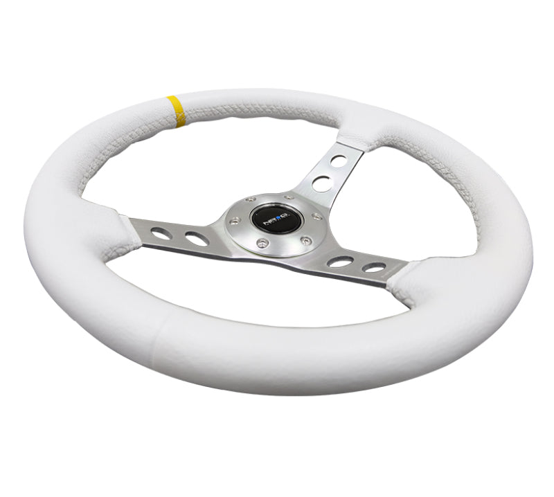 NRG Reinforced Steering Wheel (350mm / 3in. Deep) White Leather w/Silver Spoke & Single Yellow Mark