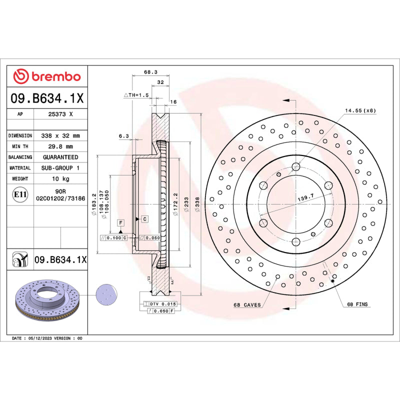 Brembo OE Brembo 10-20 Lexus GX460 / 10-20 Toyota 4Runner Drilled Xtra Brake Disc - Front