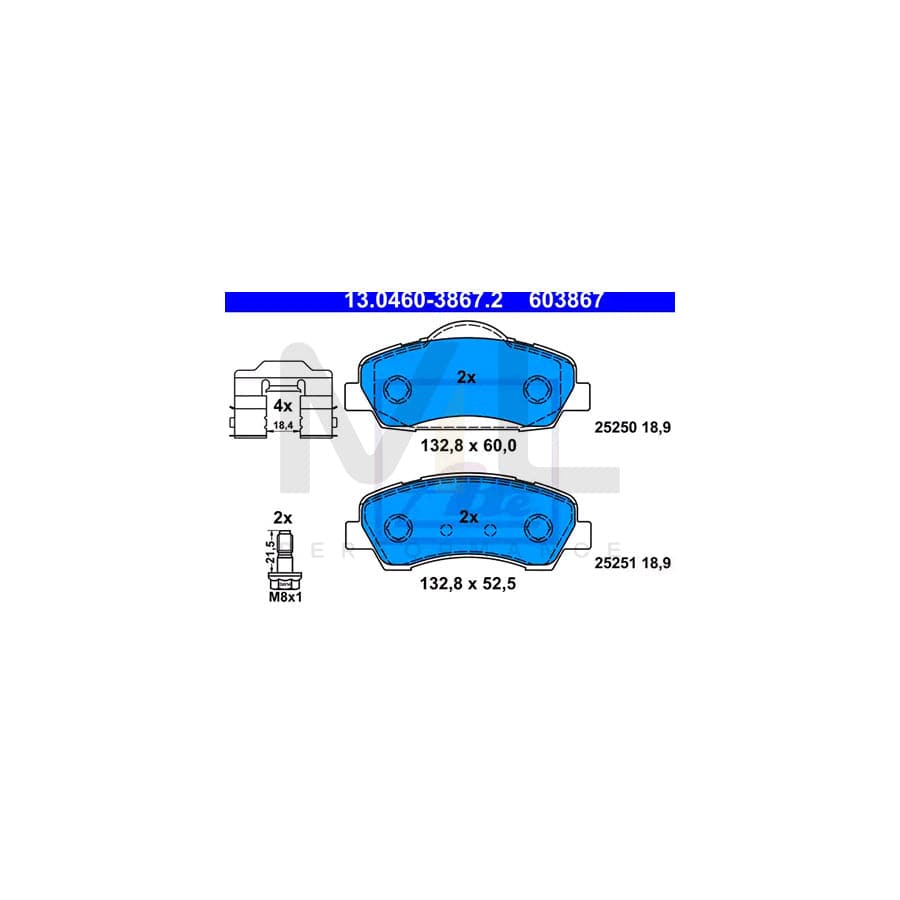 ATE 13.0460-3867.2 Brake pad set excl. wear warning contact, not prepared for wear indicator, with brake caliper screws, with accessories