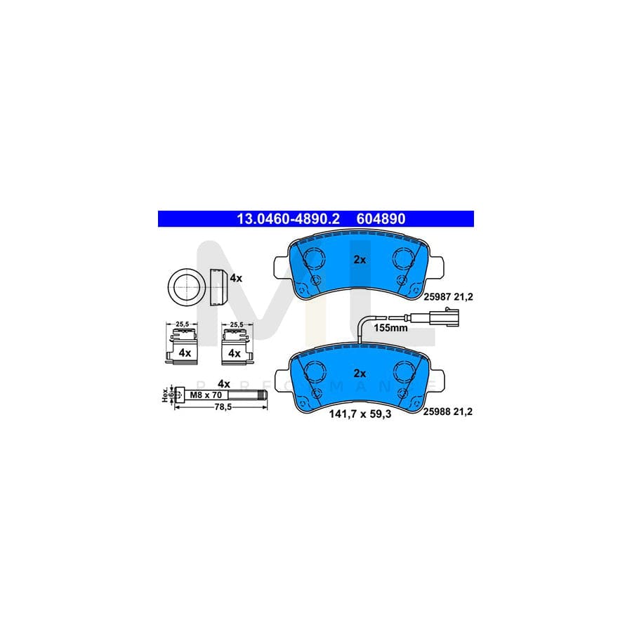 ATE 13.0460-4890.2 Brake pad set with integrated wear warning contact, with brake caliper screws, with accessories