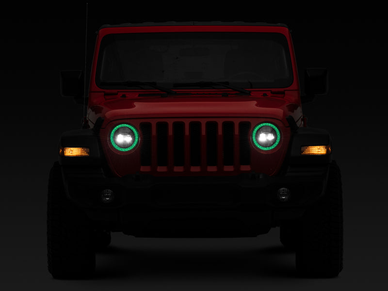 Raxiom 18-22 Jeep Wrangler JL/JT Axial 9-Inch LED Headlights w/RGB Halo- Black Housing (Clear Lens)