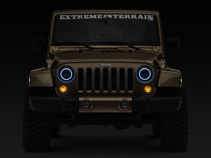 Raxiom 97-18 Jeep Wrangler TJ/JK Axial 7-Inch LED Headlights w/RGB Halo- Black Housing (Clear Lens)