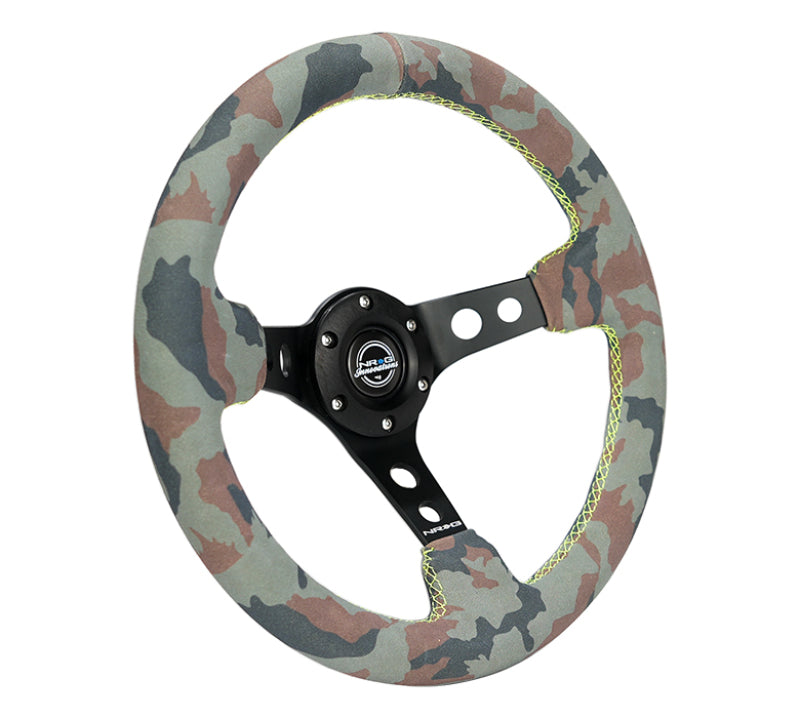 NRG Reinforced Steering Wheel (350mm / 3in. Deep) Camo Suede Mark w/ Neon Grn stitching & Blk Spoke