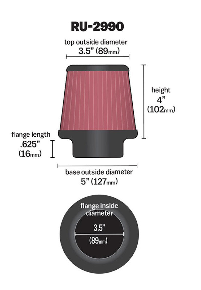 K&N Engineering K&N Filter Universal Rubber Filter 3 1/2 inch Flange 5 inch Base 3 1/2 inch Top 4 inch Height