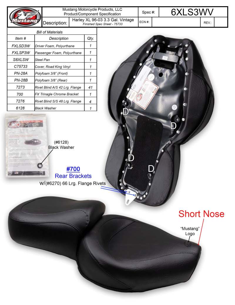 Mustang Motorcycle Mustang 96-03 Harley Sportster 3.3 Gal Vintage Touring-XIS 1PC Seat - Blackl