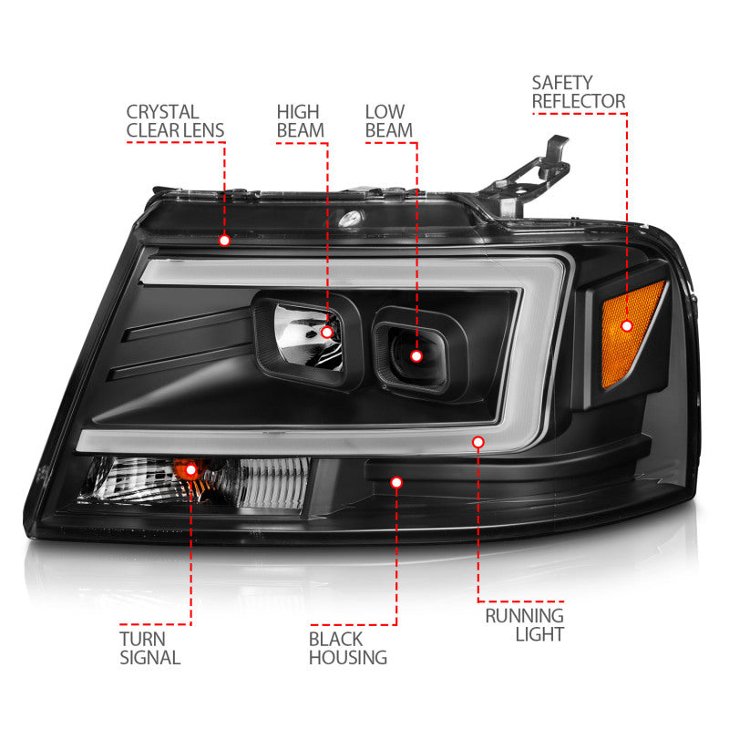 ANZO 2004-2008 Ford F-150 Projector Headlights w/ Light Bar Black Housing