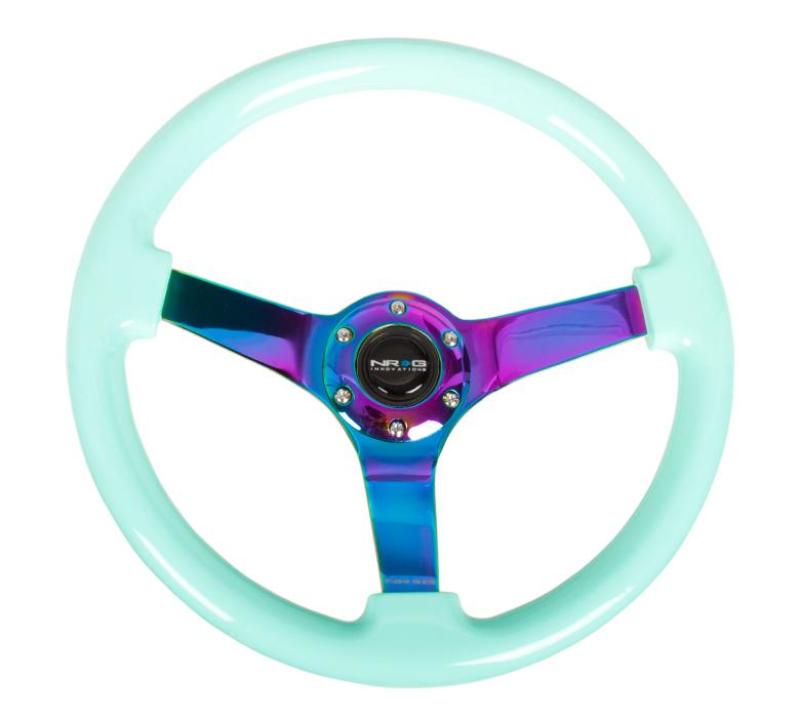NRG Reinforced Steering Wheel (350mm / 3in. Deep) Minty Fresh Wood Grain w/Neochrome 3-Spoke Center