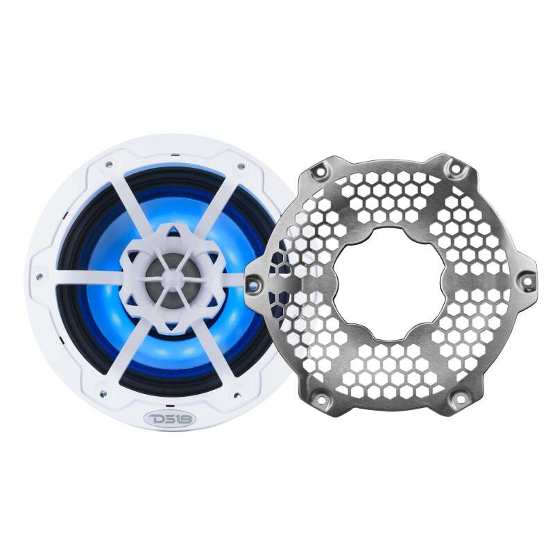DS18 Hybrid Marine Speaker w/ Driver And RGB LEDs 6.5in 2-Way 250 Watts RMS 4 ohm White w/ Covers