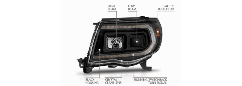 Raxiom 05-11 Toyota Tacoma Axial Series Switchback Projector Headlights- Black Housing- Clear Lens