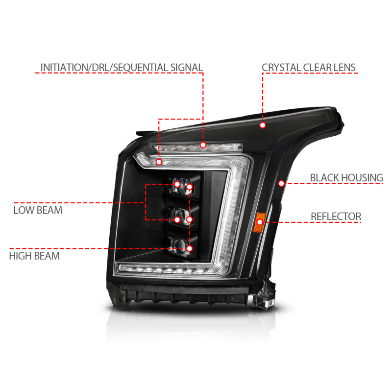 ANZO 15-20 GMC Yukon (Incl XL - Factory Halogen Models) Full LED Proj Headlights Black - Pass. Side