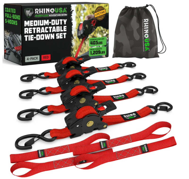 Rhino USA Retractable Ratchet Straps (4Pk 1Inx10Ft) (Red)