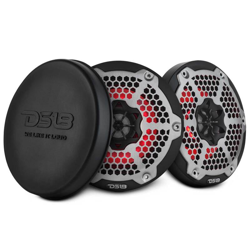 DS18 Hybrid Marine Speaker w/ Driver And RGB LEDs 6.5in 2-Way 250 Watts RMS 4 ohm Black w/ Covers