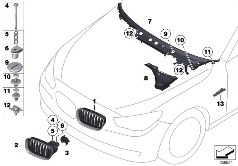 Genuine BMW 51137340318 Grille, Front, Right ALU MATT (Inc. 535d, 535dX & 550iX) | ML Performance US US Car Parts