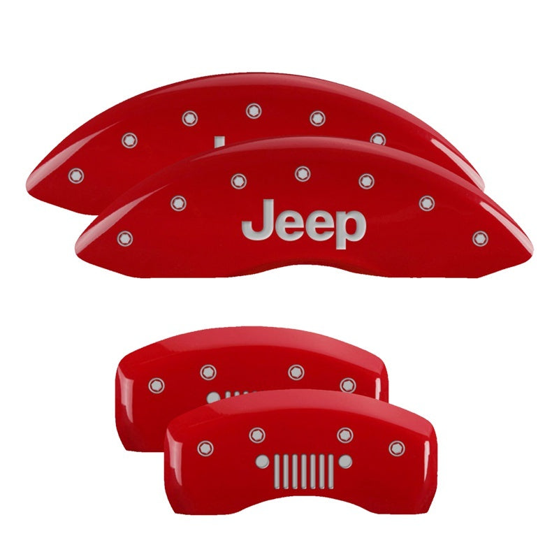 MGP 4 Caliper Covers Engraved Front & Rear 20-26 Jeep Gladiator - Red w/ JEEP & Grill Logo