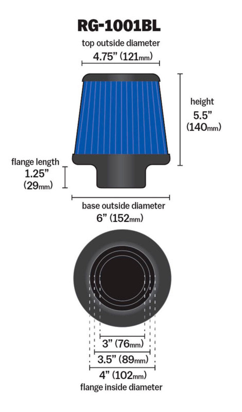 K&N Engineering K&N Universal Air Filter Chrome Round Tapered Blue - 4in Flange ID x 1.125in Flange Length x 5.5in H