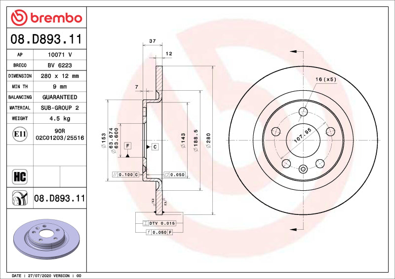 Brembo OE Brembo 13-22 Ford F-250 Super Duty/F-350 Super Duty Rear UV Coated Rotor