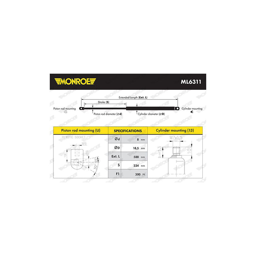 Monroe Ml6311 Bonnet Strut Suitable for Mercedes-Benz Glk (X204)