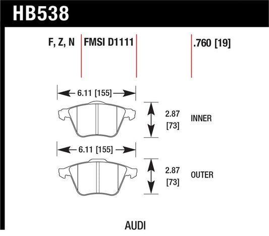 Hawk Performance Hawk 09 Audi A4 Cabriolet / 05-07 A4 / 05-09 A4 Quattro / 06-09 A6 / 08 VW R32 HPS Front Brake Pads