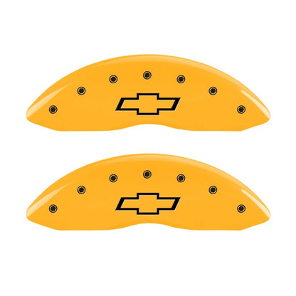 MGP 2 Caliper Covers Engraved Front Bowtie Yellow Finish Blk Char 05 Chevy Silverado 1500