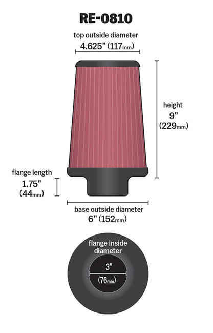 K&N Engineering K&N Universal Rubber Filter 3inch FLG / 6inch OD-B / 4-5/8inch OD-T / 9inch L