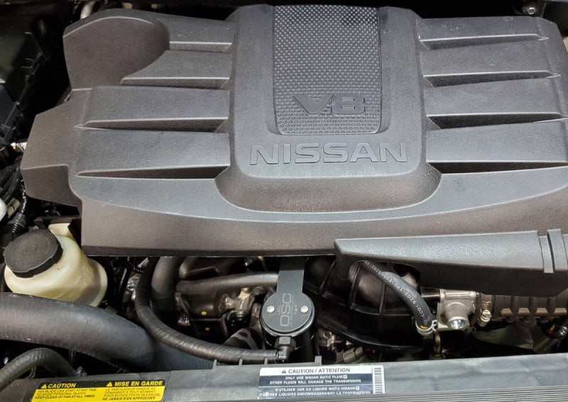 J&L 16-24 Nissan Titan 5.6L Passenger Side Oil Separator 3.0 - Black Anodized