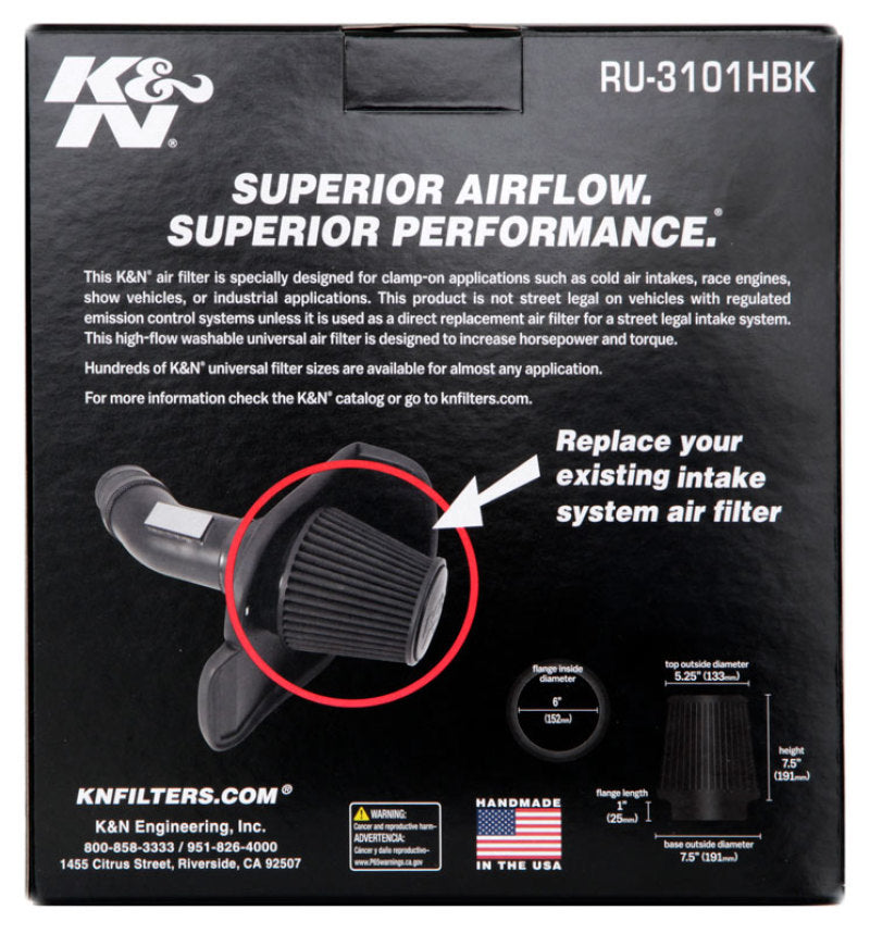 K&N Engineering K&N Universal Rubber Filter Round Tapered 6in Flange ID x 7.5in Base OD x 5.25in Top OD x 8in Height