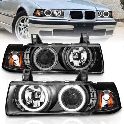 ANZO 1992-1998 BMW 3 Series E36 Projector Headlights w/ Halo Black G2 1 pc