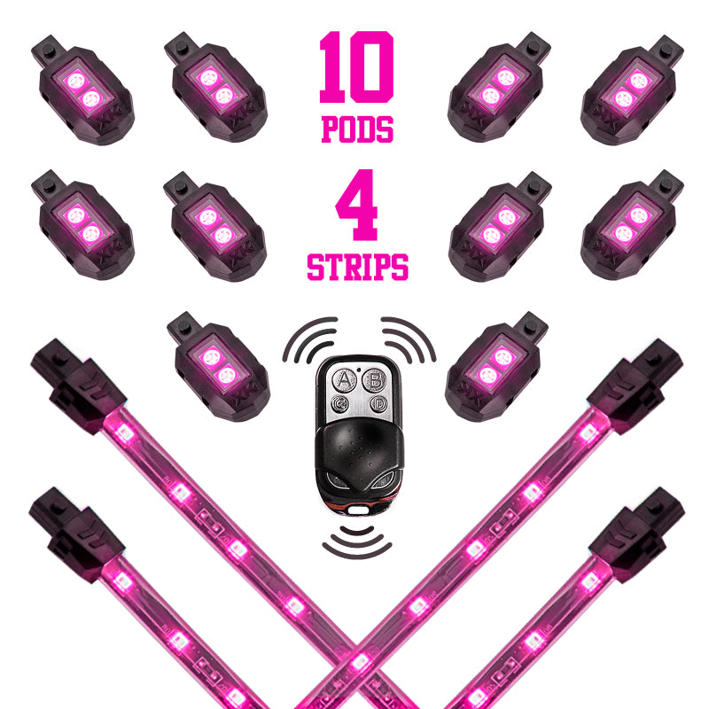 XKGLOW XK Glow Strips Single Color XKGLOW LED Accent Light Motorcycle Kit Pink - 10xPod + 4x8In