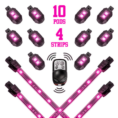 XKGLOW XK Glow Strips Single Color XKGLOW LED Accent Light Motorcycle Kit Pink - 10xPod + 4x8In