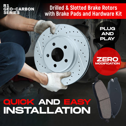 R1 Concepts R1 16-17 Hyundai Veloster Front Drill/Slot Carbon Coated Rotor Set w/Optimum Pads