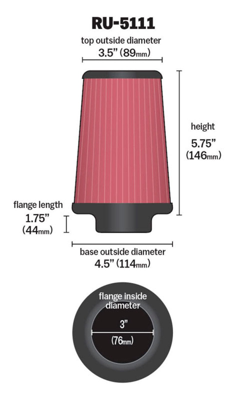K&N Engineering K&N Filter Universal Rubber Filter 3  Flange 4 1/2 Base inch 3 1/2 inch Top 5 3/4 inch Height