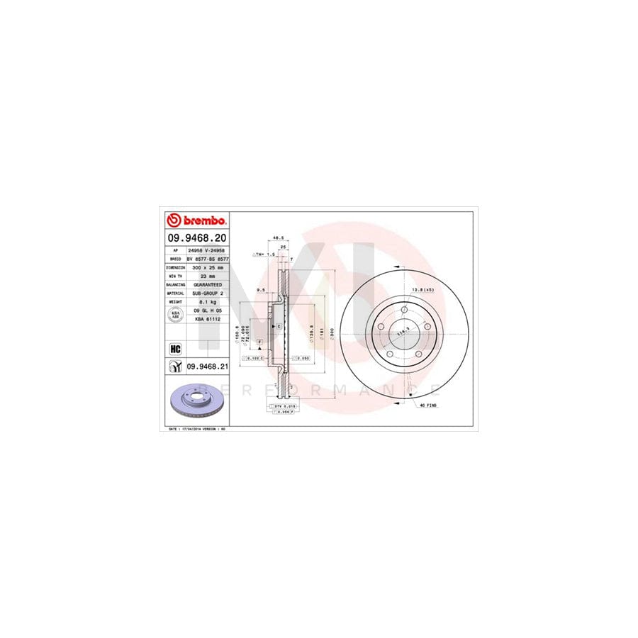 BREMBO 09.9468.20 Brake Disc Internally Vented, High-carbon | ML Performance Car Parts
