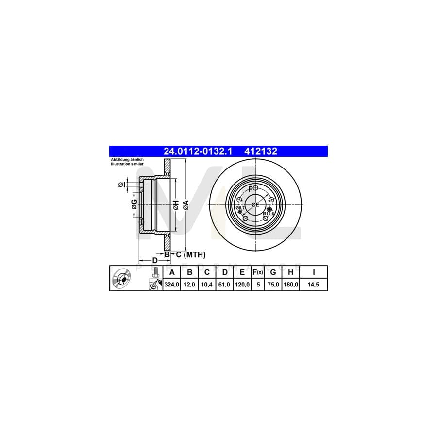 ATE 24.0112-0132.1 Brake Disc Solid, Coated, High-carbon, with bolts/screws  - 1 piece
