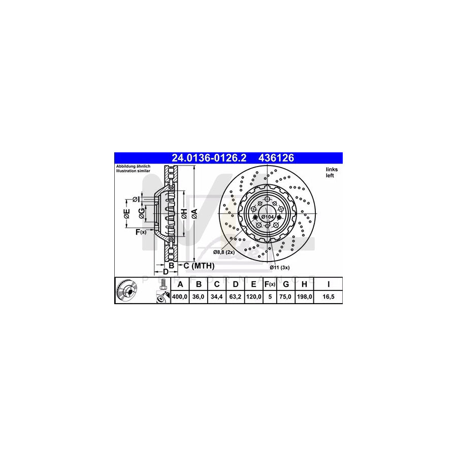 ATE 24.0136-0126.2 Brake Disc Perforated / Vented, Two-piece brake disc, Coated, High-carbon, with bolts/screws