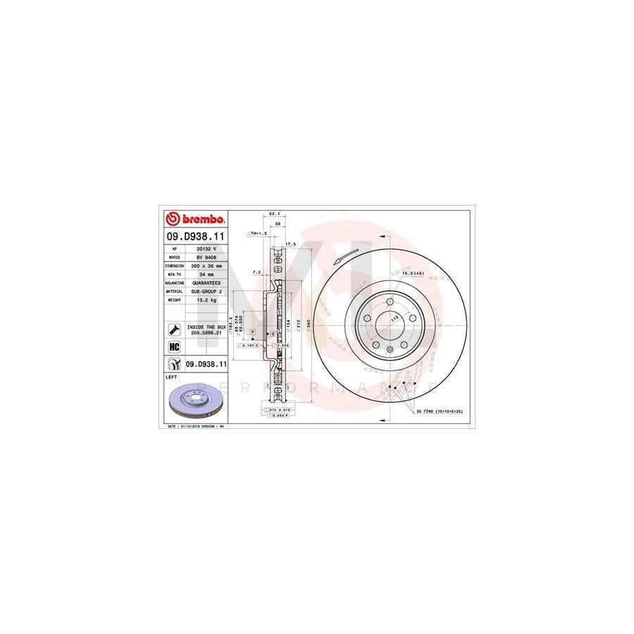 BREMBO 09.D938.11 Brake Disc for PORSCHE Macan (95B) Internally Vented, Slotted, Coated, High-carbon, with bolts/screws | ML Performance Car Parts