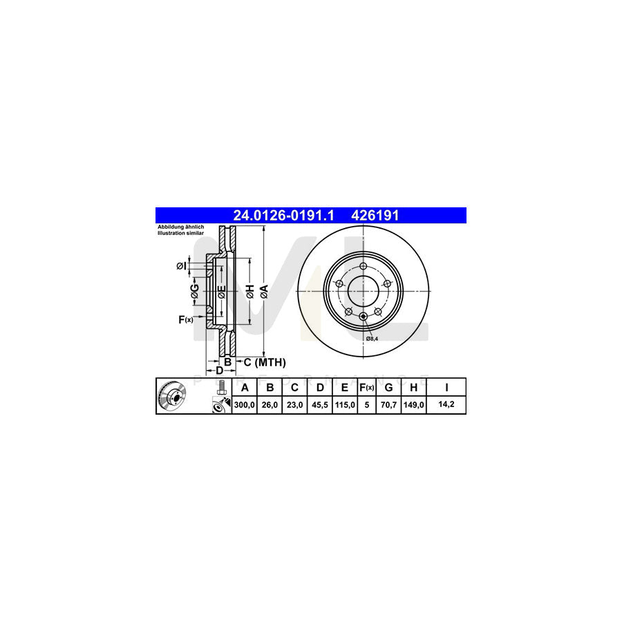 ATE 24.0126-0191.1 Brake Disc Vented, Coated, High-carbon, with bolts/screws  - 1 piece