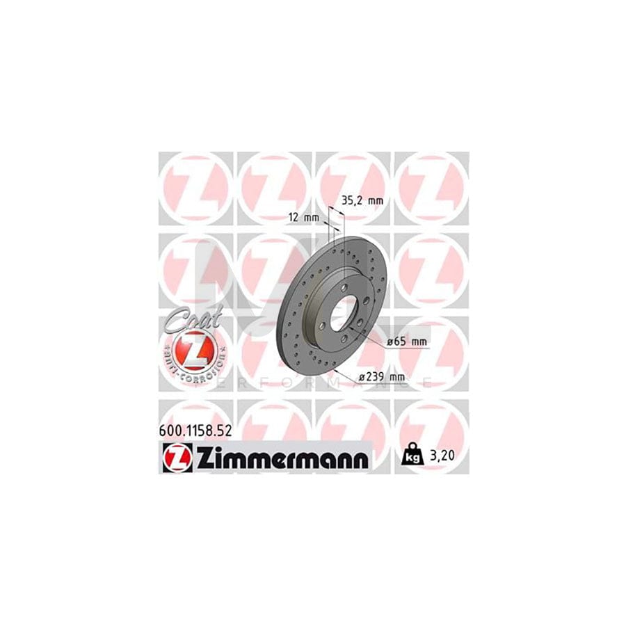 ZIMMERMANN SPORT COAT Z 600.1158.52 Brake Disc Perforated, Solid, Coated  - 1 piece