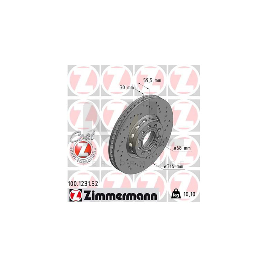 ZIMMERMANN SPORT COAT Z 100.1231.52 Brake Disc Externally Vented, Perforated, Coated, High-carbon  - 1 piece