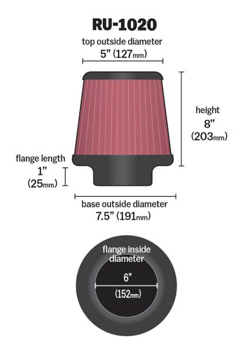 K&N Engineering K&N Universal Tapered Filter 6in Flange ID x 7.5in Base OD x 5in Top OD x 8in Height