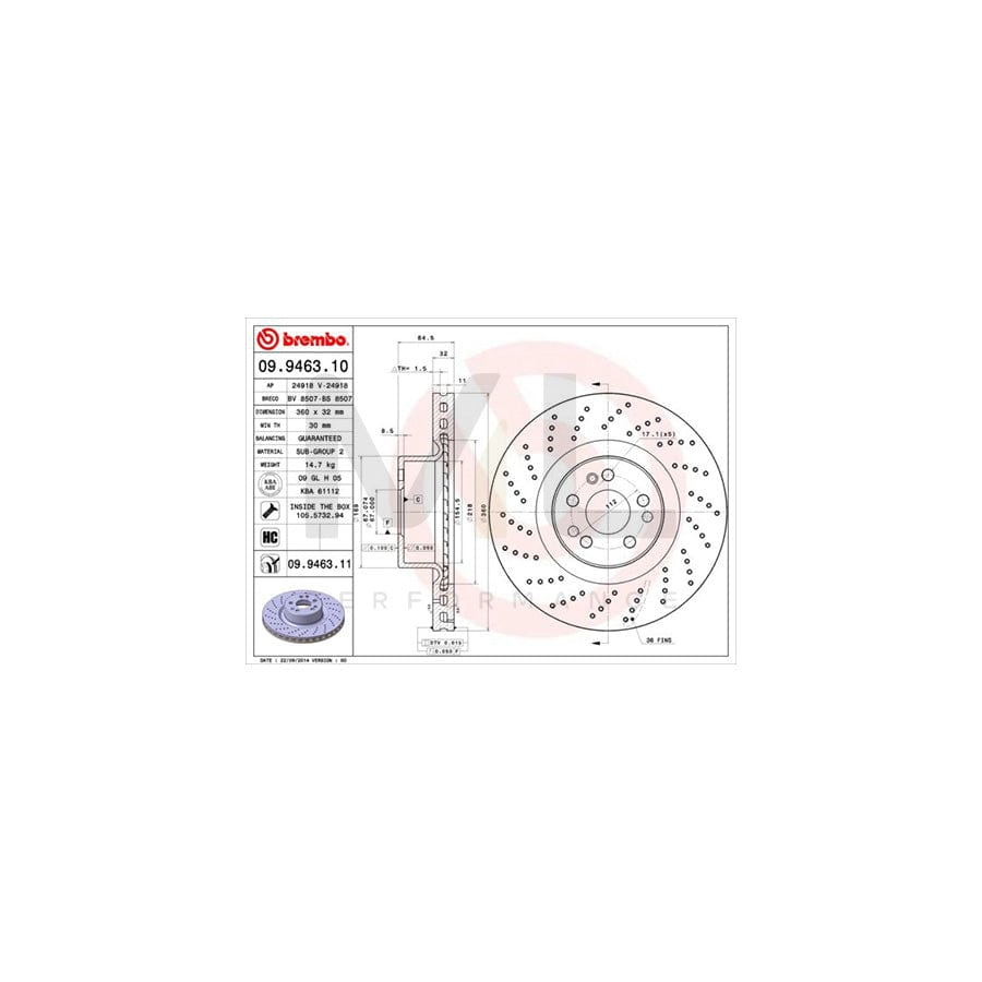 BREMBO 09.9463.10 Brake Disc suitable for MERCEDES-BENZ S-Class Perforated / Vented, High-carbon, with bolts/screws | ML Performance Car Parts