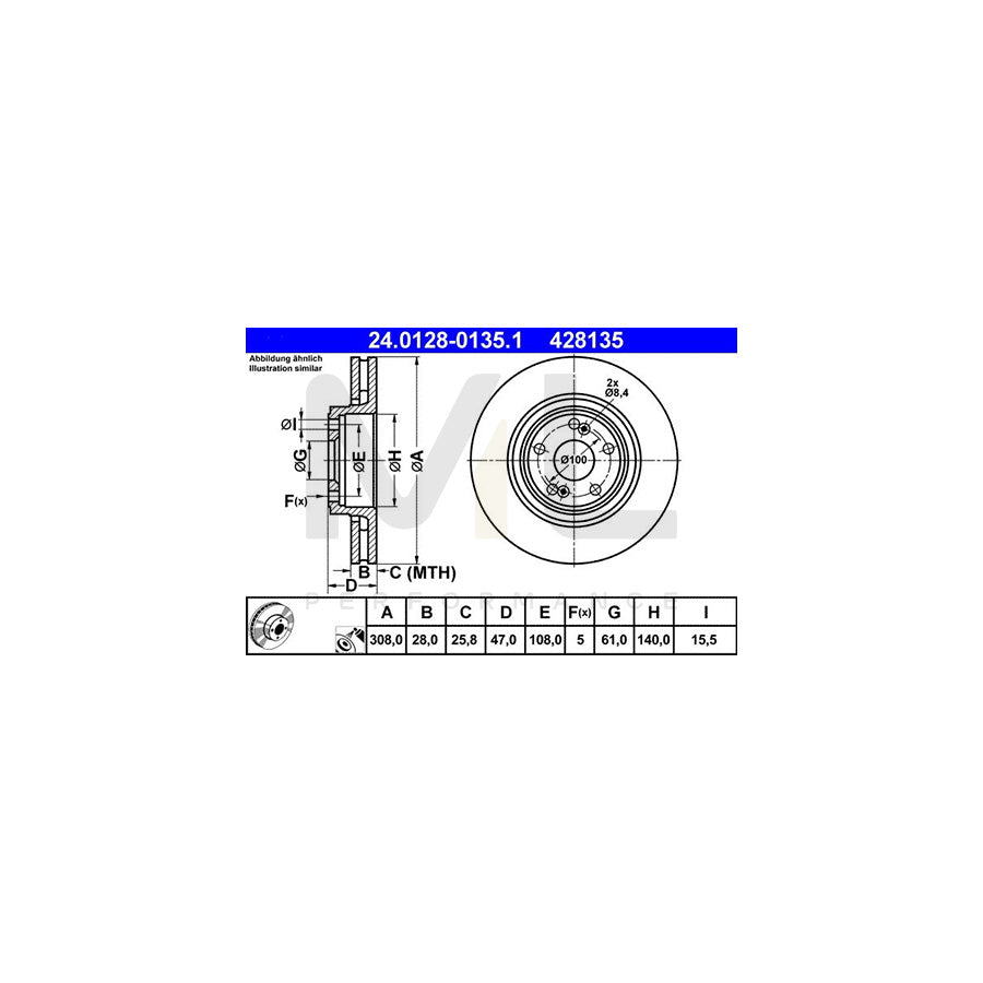 ATE 24.0128-0135.1 Brake Disc Vented, Coated, High-carbon  - 1 piece